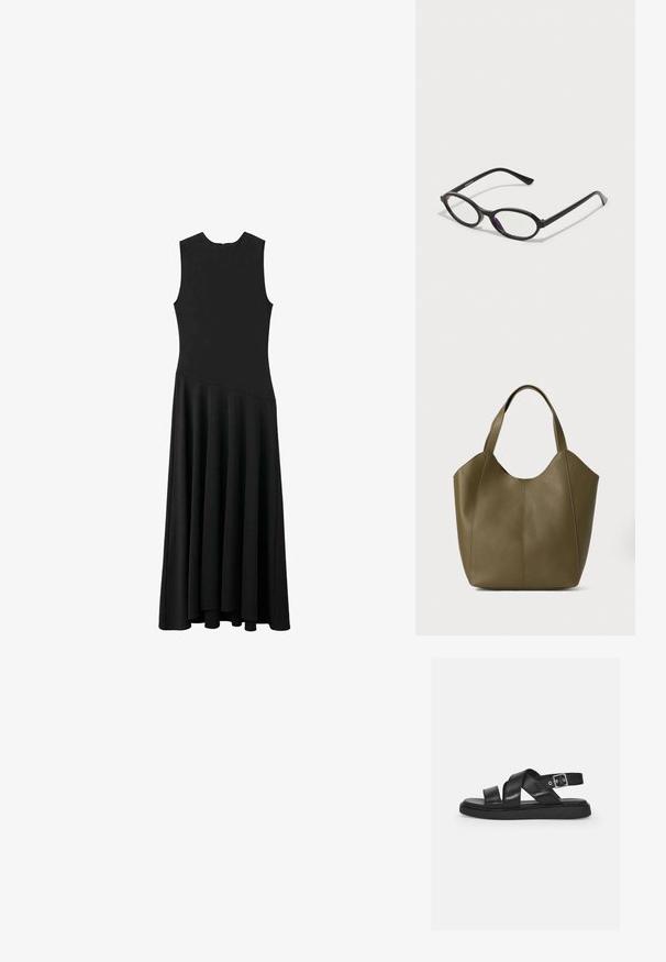 Black sleeveless maxi dress with a fitted bodice and flared skirt, featuring a smooth texture and minimalistic design, no visible fastenings.; Black leather sandals with crossed straps, adjustable ankle buckle, flat sole, and minimalist design. Smooth texture with matte finish.; Black oval-frame glasses with translucent purple accents on the lenses. Frames have a matte finish and slender, straight temples.; Olive green leather tote bag with dual straps, smooth texture, and four panel design. Reinforced stitching along seams for durability.