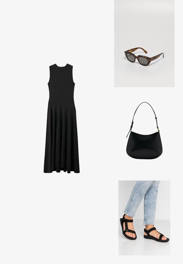 Svart ärmlös maxiklänning med snygg passform och utställd kjol, med en mjuk textur och minimalistisk design, inga synliga knäppningar.; Svarta sandaler med justerbara remmar. Mjukt, texturerat material och en formar fotbädd. Kombineras med ljusblå slitna jeans.; Sköldpaddsmönstrade solglasögon med kantiga bågar och grå linser. Har en glänsande yta och subtil märkning på skalmarna.; Svart läder axelväska med en slät yta, böjd form och justerbart handtag. Har minimalt med sömmar och en enkel design.