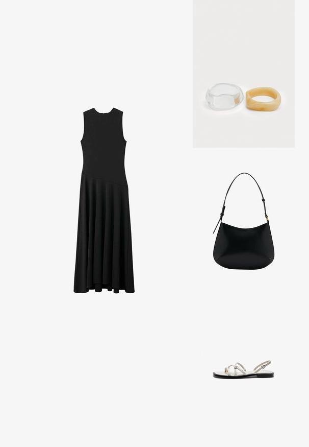 Abito maxi senza maniche nero con busto aderente e gonna svasata, caratterizzato da una texture liscia e un design minimalista, senza chiusure visibili.; Sandali piatti con sottili cinturini metallici, una parte superiore di colore crema chiaro e una suola nera. Dettaglio di fibbia regolabile sul cinturino alla caviglia.; Borsa a spalla in pelle nera con una texture liscia, forma curva e manico regolabile. Presenta una cucitura minimale e un design semplice.; Anelli in resina trasparente e ambra, uno liscio e trasparente, l'altro con una finitura testurizzata in ambra. Entrambi presentano un design rotondo e corposo.