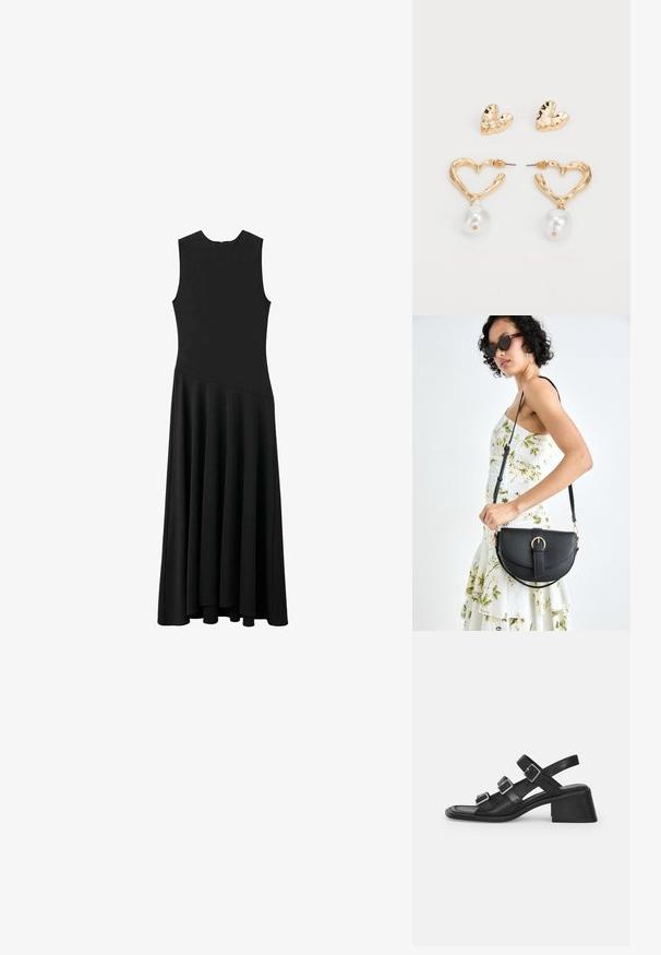 Black sleeveless maxi dress with a fitted bodice and flared skirt, featuring a smooth texture and minimalistic design, no visible fastenings.; Black leather sandal with three adjustable buckle straps, a square toe, and a tapered block heel. Smooth texture and minimalistic design.; Black leather handbag with a curved shape, detachable strap, and gold hardware. The bag features a flap with a buckle detail.; Gold-tone heart-shaped earrings with a textured finish, featuring a hanging pearl accent. Includes matching heart stud earrings.