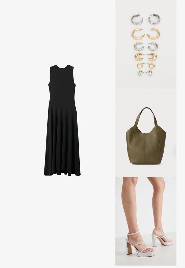 Rochie maxi neagră fără mâneci, cu un corset ajustat și o fustă evazată, având o textură netedă și un design minimalist, fără închizători vizibile.; Sandale cu toc înalt din material texturat, cu platformă argintie, curele pentru gleznă, toc gros și catarame reglabile.; Geantă tote din piele verde măslinie cu două mânere, textură netedă și design din patru panouri. Cusături întărite pe margini pentru durabilitate.; Set de opt cercei din metal în tonuri de argint și aur. Include diverse stiluri de cerc, texturi și finisaje, aranjate după dimensiune.