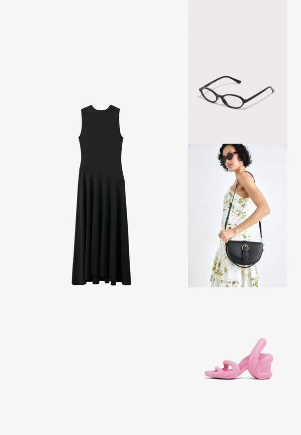 Černé maxi šaty bez rukávů s přiléhavým vrškem a rozšířenou sukní, které mají hladkou texturu a minimalistický design, bez viditelných zapínání.; Růžové sochařské sandály na vysokém podpatku s vlnitým designem a silným podpatkem, vyrobené z hladkého plastu s výřezy v oblasti prstů.; Černé brýle oválného tvaru s průhlednými purpurovými akcenty na čočkách. Rám má matný povrch a štíhlé, rovné nožičky.; Černá kožená kabelka s křivkovým tvarem, odnímatelným popruhem a zlatými detaily. Kabelka má klopu s přezkou.