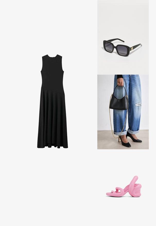 Czarna, bezrękawnikowa sukienka maxi z dopasowaną górą i rozkloszowanym dołem, charakteryzująca się gładką teksturą i minimalistycznym designem, bez widocznych zapięć.; Różowe, rzeźbiarskie sandały na wysokim obcasie z falistym wzorem i masywnym obcasem, wykonane z gładkiego plastiku z wycięciami w okolicy palców.; BOSS - Okulary przeciwsłoneczne; Czarna skórzana torebka o zaokrąglonym kształcie, z krótkim uchwytem i złotym łańcuchem. Noszona z przetartymi niebieskimi dżinsami i czarnymi szpilkami.