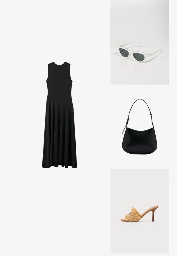 Robe maxi noire sans manches avec un corsage ajusté et une jupe évasée, arborant une texture lisse et un design minimaliste, sans fermetures visibles.; Sandale à talon haut en paille tressée de couleur beige avec des détails frangés et des accents bleus, comportant un bout ouvert arrondi et un talon aiguillé effilé.; Lunettes de soleil blanches en forme d'œil de chat avec des verres foncés, accents dorés sur la monture et détail du logo sur le côté. Matériau en plastique lisse.; Sac à épaule en cuir noir avec une texture lisse, une forme courbe et une poignée ajustable. Présente des coutures minimales et un design simple.