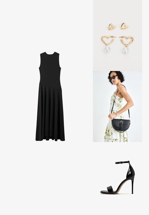 Černé maxi šaty bez rukávů s přiléhavým vrškem a rozšířenou sukní, které mají hladkou texturu a minimalistický design, bez viditelných zapínání.; Černé lakované sandály na vysokém podpatku s otevřenou špičkou, kotníkovým páskem a hladkým, lesklým povrchem. Vyznačují se štíhlým jehlovým podpatkem.; Černá kožená kabelka s křivkovým tvarem, odnímatelným popruhem a zlatými detaily. Kabelka má klopu s přezkou.; Náušnice ve tvaru srdce zlaté barvy s texturovaným povrchem, zdobené visícím perlou. Součástí jsou i odpovídající náušnice ve tvaru srdce na výrobu.