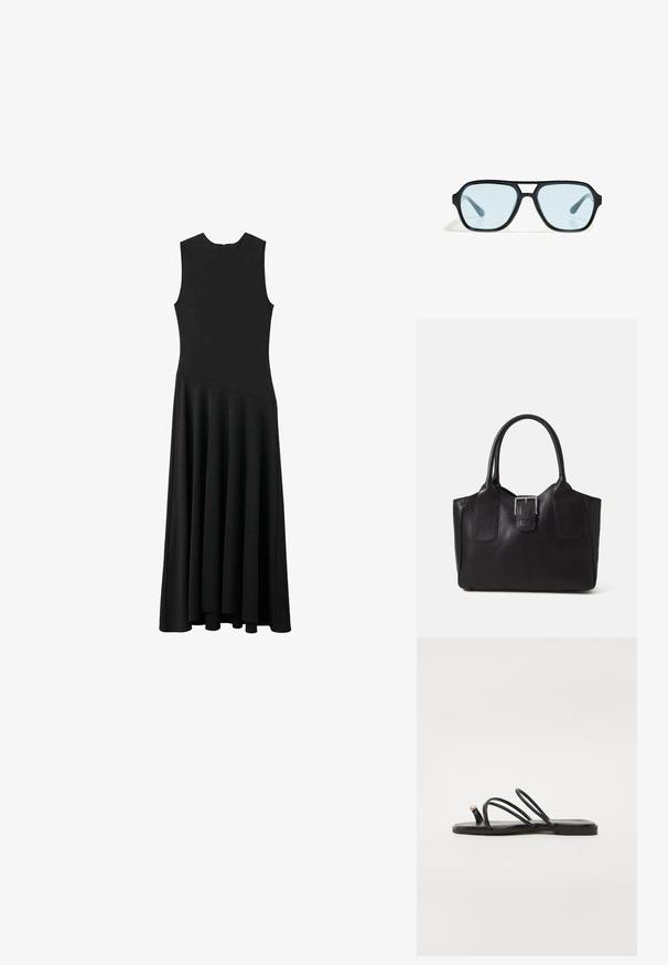 Black sleeveless maxi dress with a fitted bodice and flared skirt, featuring a smooth texture and minimalistic design, no visible fastenings.; Call it Spring LUNAROSE - T-bar sandals - black; Black sunglasses with rectangular frames, blue-tinted lenses, and a distinctive bridge design. Sleek finish, understated texture.; Black leather tote bag with smooth texture, structured shape, two handles, and a prominent silver buckle detail on the front.