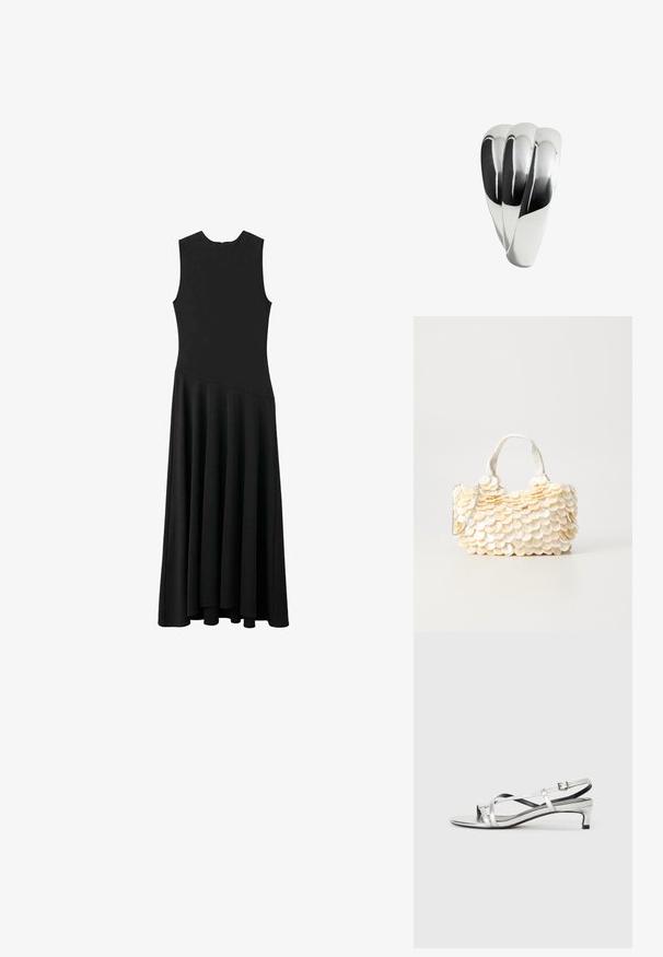 Black sleeveless maxi dress with a fitted bodice and flared skirt, featuring a smooth texture and minimalistic design, no visible fastenings.; Silver metallic slingback sandal with a low heel, featuring crisscross straps and a smooth texture. Minimalistic design.; White handbag with textured, scalloped shell-like embellishments. Features a woven handle and a silver chain strap for versatility.; Metal ring with a polished silver finish, featuring three intertwining curved sections creating a smooth, cohesive design.