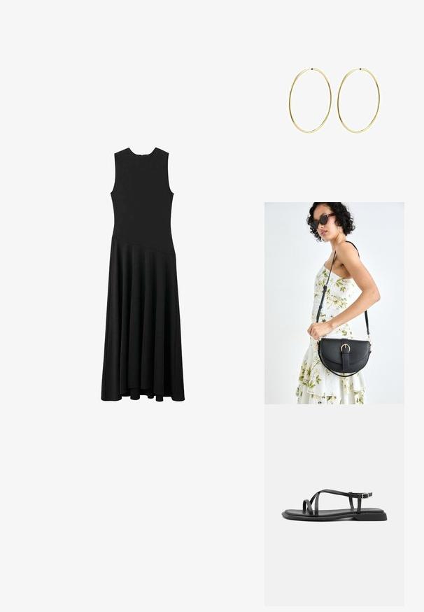 Črna brezrokavna maksi obleka s telesno oblikovanim korzetom in razširjeno krilo, ki ima gladko teksturo in minimalističen dizajn, brez vidnih zapiranj.; Črne ravne sandale z tankimi nastavljivimi trakovi, pravokotnim toe postom in teksturirano mat površino. Imajo nizko, rahlo kvadratno peto.; Črna usnjena torbica s ukrivljeno obliko, z odstranljivo naramnico in zlatimi dodatki. Torbica ima pokrov s podrobnostmi v obliki zaponke.; Zlate obroče za ušesa z gladkim, zaobljenim dizajnom. Tanki in lahki, z neprekinjenim krogom brez okrasnih elementov.