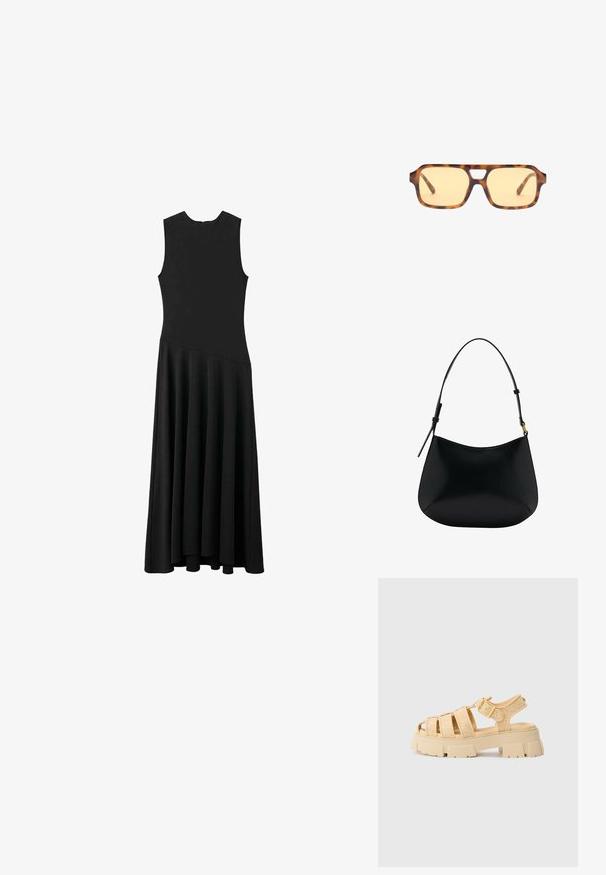 Schwarzes ärmelloses Maxikleid mit enger Passform im Oberteil und schwingendem Rock, ausgestattet mit einer glatten Textur und minimalistischem Design, ohne sichtbare Verschlüsse.; Beige Plattform-Sandalen mit geflochtenen Riemen und einer Schnalle. Chunky-Sohle mit strukturiertem Finish. Offenes Zehendesign. Leicht und lässig.; Schildkrötensonnenbrille mit gelb getönten Gläsern, rechteckiger Form und ausgefallenem Brücken-Ausschnitt. Strukturierten Bügel runden das Design ab.; Schwarze Ledertasche mit schmalem Design, geschwungener Form und verstellbarem Griff. Verfügt über minimale Nähte und ein schlichtes Design.