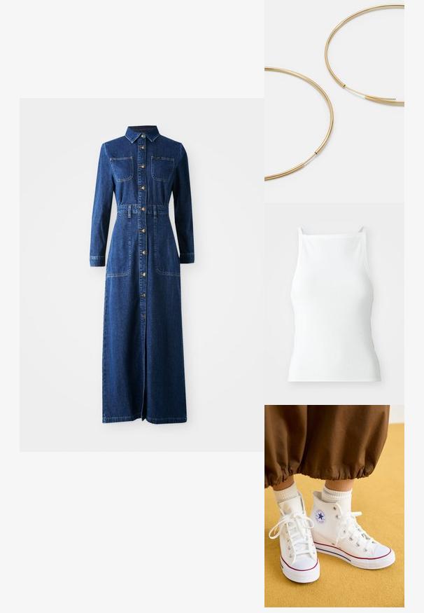 Denim maksi obleka z dolgimi rokavi, ostro ovratnico, sprednjim gumbom, dvema žepoma na prsih, zategnjeno pasom in stranskimi razporki za lažje gibanje.; Belo rebrasto top z tank naramnicami, ki ima prilagojen kroj in gladko teksturo. Tkanina se zdi elastična in rahlo strukturirana.; Beli visoki platneni čevelji s gumijastim podplatom, ki imajo srebrne oči, rdečo in modro obrobo ter okrogel logotip na gležnju.; Rjava usnjena torba z mehkimi teksturami, ki ima prostorno zasnovo in enojno naramnico. Oblečena z modrim jeans jopičem.; Zlate obroče ušesne uhane, tanke in krožne oblike, z gladko kovinsko površino brez okrasnih elementov ali vzorcev.