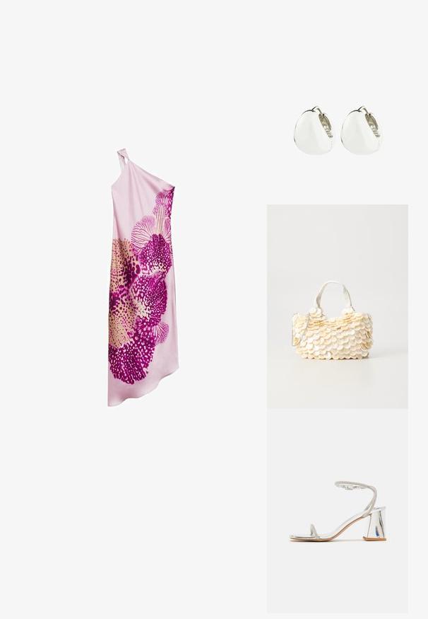 Enosna obleka na en ramenu v mehki roza tkanini z velikimi cvetličnimi vzorci v živahni vijolični in zlati barvi. Lahka in gladka tekstura.; Srebrna sanda s širokim, kovinskim blok peto, tankimi trakovi in teksturiranim gležnjem, okrašenim z majhnimi kamni. Ravna podplat.; Bela torbica z teksturiranimi, valovitimi okrasnimi elementi, ki spominjajo na školjke. Ima pleteno ročaj in srebrno verižico za prilagodljivost.; Srebrno-tonirane uhane v zaobljeni obliki s sijočo površino, ki imajo subtilno razdelitev za dodatno teksturo.