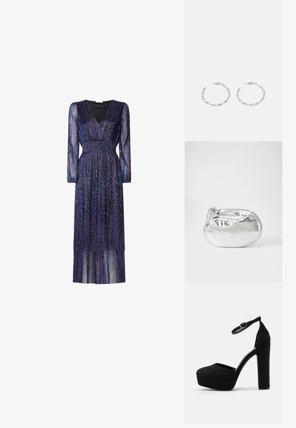 Rochie lungă, violetă, cu mâneci lungi, transparente și decolteu în V. Prezintă o talie elastică și detalii din franjuri în straturi. Materialul are o textură strălucitoare.; Pantofi cu toc platformă din nubuc negru, cu vârf rotund, curea la gleznă și toc înalt de tip bloc. Textură fină cu finisaj mat.; Pouch bag metalizat argintiu, cu o formă moale și rotunjită și un închidere de tip nod la partea de sus. Fabricat dintr-un material sintetic din piele netedă.; Cercei din argint cu un design torsadat, având un finisaj lucios și închidere cu tijă. Au un diametru de aproximativ 3 cm.