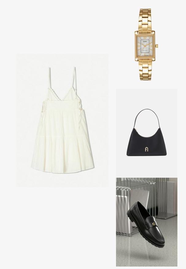 Biała, bezrękawnikowa sukienka z regulowanymi ramiączkami spaghetti, z fakturowanej tkaniny i warstwowymi falbanami na dole. Szczegółowe akcenty z szydełkowanej koronki przy dekolcie.; Czarne skórzane mokasyny z podniesionym szwem, złotym logo akcentującym i teksturowanym paskiem. Posiadają grubą, trwałą gumową podeszwę.; Czarna skórzana torebka o zaokrąglonym kształcie, z krótkim uchwytem, złotymi elementami i zamkiem błyskawicznym u góry. Posiada akcent z logo z przodu.; Złoty prostokątny zegarek na nadgarstek z białą tarczą, srebrnymi znacznikami godzin i wytrzymałym metalowym bransoletą. Wbudowana funkcja wodoodporna.