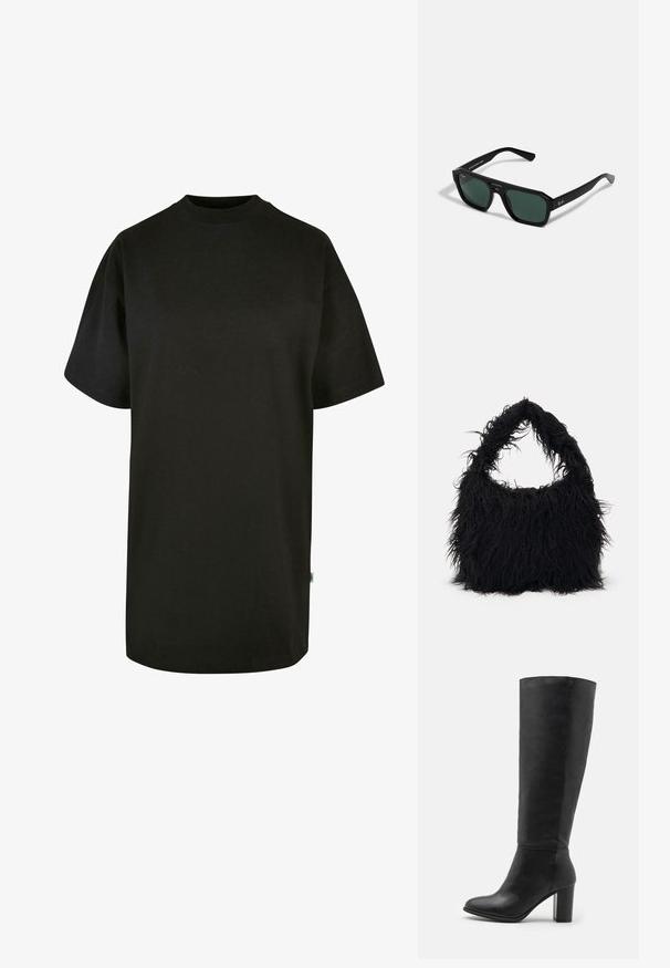 T-shirt in cotone nero con scollatura rotonda e maniche corte. Vestibilità ampia, design semplice, senza motivi o dettagli visibili.; Stivali neri alti fino al ginocchio in pelle liscia, con tacco spesso e punta arrotondata. Design minimalista senza hardware o decorazioni visibili.; Occhiali da sole neri rettangolari con lenti verdi. Realizzati in plastica con una forma ottagonale e finitura liscia. Presentano il marchio Ray-Ban sul lato.; Even&Odd Shopping bag - black