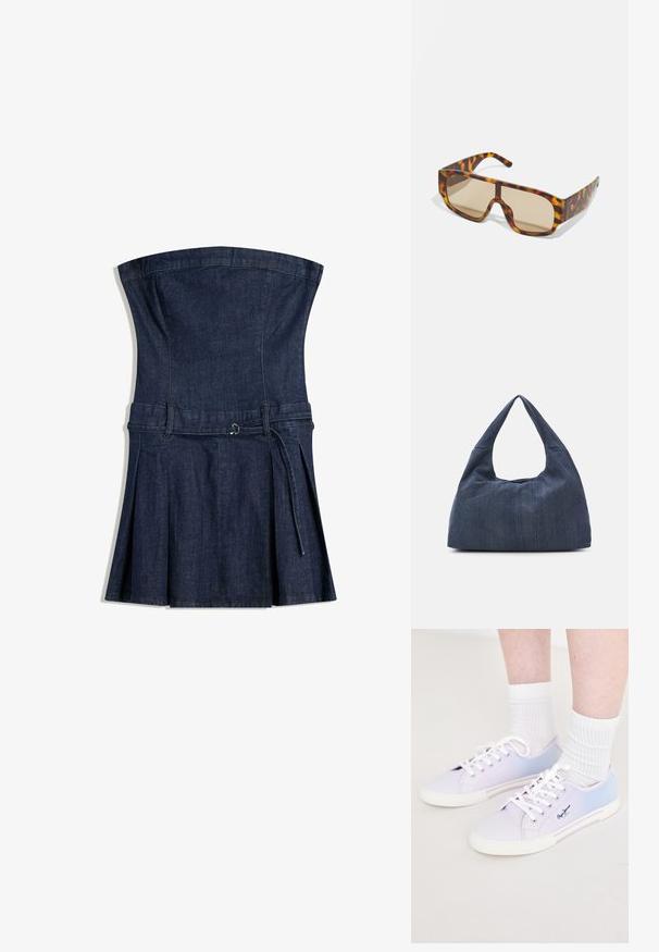 Farmertop nélküli ruha, testhezálló felsőrészsel, bő szoknyával és megkötős övvel. Sötétkék színű, sima, texturált felülettel rendelkezik.; Világoskék és lila vászon sportcipők fehér fűzőkkel és gumitalppal, az oldalukon logóval és kontrasztos színpanelokkal.; Napszemüveg masszív, teknősbéka mintázatú kerettel, barna és narancssárga árnyalatokban, nagy, barna árnyalatú lencsékkel és elegáns dizájnnal.; Sötétkék farmer táska puha, laza formával, hobo-stílusú fogantyúval és textúrált felülettel. Látható fémrész nélküli.