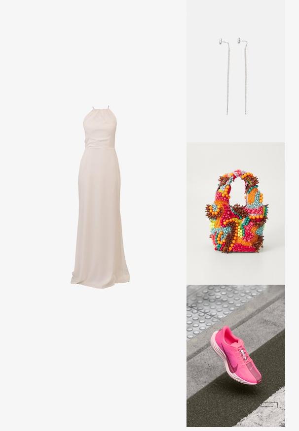 Garšs, halter-stila kleita maiga krēmkrāsas auduma. Gluda tekstūra, pieguļošs krokojums un plūstoša svārku daļa ar nelielu vilcienu. Minimālistisks dizains.; Nike sporta apavi dzīvīgā rozā krāsā ar sieta augšdaļu, mīkstu apkakli, baltu starpsoļi un kontrastējošu tumšāku rozā pirkstu apvalku un zviedru detaļu.; Pērlīšu somiņa ar spilgtām krāsām: rozā, oranža, zila un brūna. Teksturēta virsma ar apaļām pērlītēm un organiskām formām, izturīgas rokturi.; Sudraba karājas auskari ar plānu, sietveida ķēdes dizainu un taisnām kāju akcentiem, aprīkoti ar tauriņa aizdariem drošai piestiprināšanai.