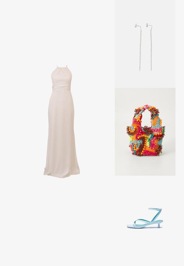 Long, halter-neck dress in soft, cream fabric. Smooth texture, fitted bodice, and flowing skirt with a slight train. Minimalist design.; Light blue strappy sandal with a square toe, low heel, adjustable ankle strap, and smooth, glossy finish. Crossed straps on the footbed.; Beaded handbag featuring vibrant colors: pink, orange, blue, and brown. Textured surface with circular beads and organic shapes, sturdy handles.; Silver dangle earrings with a thin, mesh-like chain design and straight rod accents, featuring butterfly clasps for secure fastening.