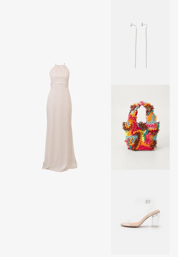 Long, halter-neck dress in soft, cream fabric. Smooth texture, fitted bodice, and flowing skirt with a slight train. Minimalist design.; Clear heeled sandal with transparent straps and a block heel. Features a light beige footbed and secure ankle buckle. Modern, sleek design.; Beaded handbag featuring vibrant colors: pink, orange, blue, and brown. Textured surface with circular beads and organic shapes, sturdy handles.; Silver dangle earrings with a thin, mesh-like chain design and straight rod accents, featuring butterfly clasps for secure fastening.