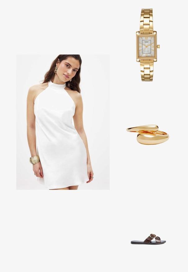 Biely šaty s halter krkom vyrobené z hladkej tkaniny, s mierne rozšíreným strihom a vysokým golierom, doplnené o kovový náramok.; Hnedé kožené sandále na sklzu s prekryvnými pásikmi, obsahujúce kruhový zlatý prackový detail a plochú čiernu gumovú podrážku.; Zlatý obdĺžnikový náramkový hodinky s bielym ciferníkom, striebornými indexmi a odolným kovovým náramkom. Obsahuje vodoodolnú funkciu.; Zlaté prstene s hladkými, zaoblenými tvarmi, ktoré sa prelínajú. Vysokolesklý povrch s odrazovým efektom, ktorý zobrazuje bezšvový dizajn.