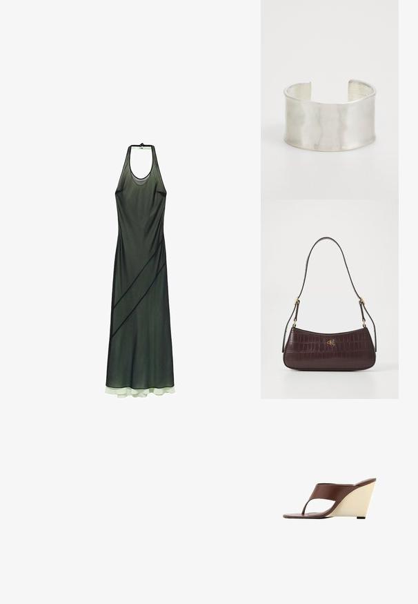 Rochie cu gât halter dintr-un material transparent de culoare verde închis, cu linii diagonale și o margine suprapusă de culoare verde deschis. Textură netedă, design până la podea.; Sandale maro cu toc wedge, cu o curea lată și netedă în față, design cu vârf deschis și un toc wedge de culoare crem contrastant.; Geantă burgundy cu textură de crocodil, formă curbată și accent cu logo aurit. Are un singur mânere cu elemente de fixare aurii.; Zign Brăţară - silver-coloured
