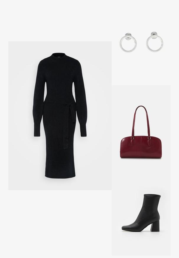 Black knit dress featuring long sleeves, a high neckline, and a waist tie. The silhouette is fitted, with a straight midi-length hem.; Black ankle boot made of smooth leather with a pointed toe and a thick, rectangular heel. Features a stitched top edge for added detail.; Zign LEATHER - Handbag - dark red; Silver metal hoop earrings with a brushed texture, featuring a circular design and a clear post back for secure wear.