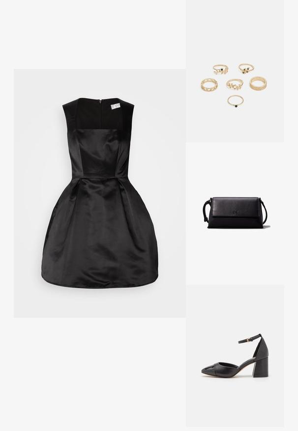 Čierne saténové šaty so štvorcovým výstrihom, bezrukávový dizajn, priliehavý korzet a rozšírená sukňa, so zapínaním na zips na zadnej strane.; Čierna kožená topánka na podpätku s členkovým remienkom, špicatou špičkou a blokovým podpätkom. Hladký povrch s textúrovaným krytom na špičke.; Čierna kožená clutch taška s obdĺžnikovým tvarom, hladkou textúrou, plochým preklopom a malou rukoväťou na boku. Obsahuje jemné logo.; Sada šiestich zlatých prsteňov s rôznymi dizajnmi: pletené, s listovými motívmi a masívne prstene; niektoré s akcentmi zelených drahokamov.