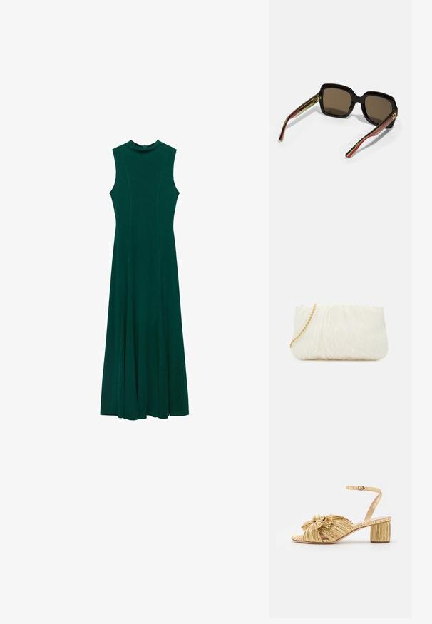 Duga, bezrukava, tamnozelena haljina s okruglim izrezom, raširenim suknjama i suptilnim šavnim detaljima. Napravljena od glatkog, lepršavog materijala.; Zlatne sandale s potpeticom, s teksturiranim, nabranim dizajnom i istaknutim detaljem mašne. Remen oko gležnja s podesivom kopčom, srednja blok peta.; Crne velike sunčane naočale s smešnim staklima. Imaju jedinstvene prugaste krake u zelenoj i crvenoj boji, sa zlatnim hardverskim detaljima. Kvadratnog su oblika.; Bijela teksturirana torbica s nabranim dizajnom, s zlatnom lancem. Glatka površina s suptilnim valovima i zaobljenim rubovima.