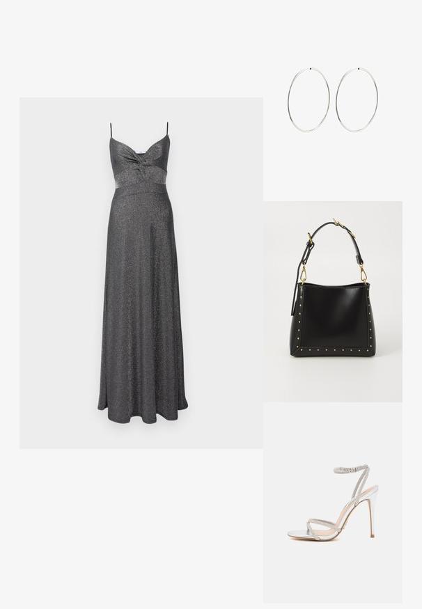 Srebrna metalik maxi haljina s tijesnim korzetom, podesivim trakama na ramenima i lepršavim suknjama. Strukturna, sjajna tkanina kroz cijelu haljinu.; Srebrna sandala na visokom potpetici s tankim trakama, ukrašena kristali, s elegantnim dizajnom i šiljastim prstom.; Crna kožna torba s strukturiranim oblikom, s zlatnim zakovicama duž rubova i odvojivim remenom s zlatnim metalnim detaljima.; Srebrne naušnice od obruča s glatkim, okruglim dizajnom i poliranim završetkom. Tanak su i lagani, s jednostavnim zatvaranjem.