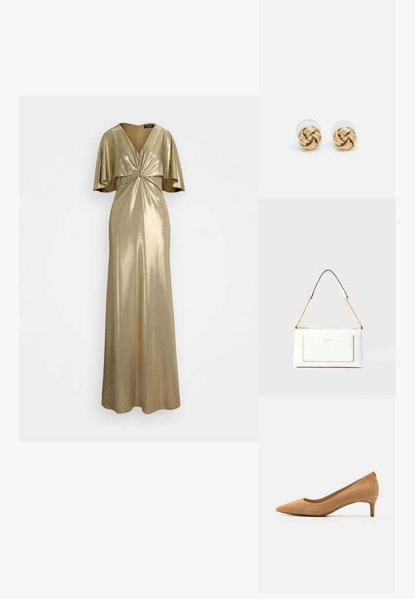 Zlatá metalická večerní šaty s designem zkrouceného předního dílu, krátkými vracejícími se rukávy a dlouhou sukní. Obsahuje zadní zip pro uzavření.; Špičaté lodičky v tan semišové kůži, s nízkým podpatkem a hladkou texturou. Klasická silueta s jemným detailem vzadu.; Bílá kožená kabelka s texturovaným povrchem, zdobená zlatým řetízkem a černými akcenty. Obsahuje přední kapsu a uzavírání na zip.; Náušnice ve zlatém tónu ve tvaru uzlu s propleteným designem. Každá náušnice má kulatou průhlednou oporu pro bezpečné nošení.