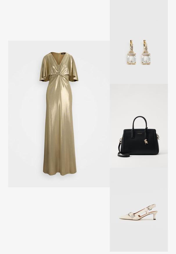 Guldmetalisk kjole med en vridet frontdesign, korte flagrende ærmer og en fuldlængde nederdel. Har en bageste lynlås til lukning.; Hvide læderslingbacksko med spids tå, lille hæl og justerbar rem med en fremtrædende sølvspænde detalje.; Sort læder håndtaske med struktureret design, dobbelt top håndtag, aftageligt skulderrem, guld hardware og en logo charme accent.; Guldtonede øreringe med et rektangulært, klart krystal, der hænger under en række af små, runde klare accenter. Elegant, moderne design.