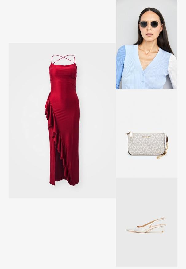 Červené saténové maxi šaty s nastavitelnými křížovými ramínky, které mají boční volánový detail a přiléhavý střih. Hladká textura, elegantní design.; Sandal s úzkou špičkou v lesklém bílém materiálu. Úzký podpatek se zdobenými kovovými detaily. Otevřená zadní část. Hladký, reflexní povrch.; Kulaté sluneční brýle s tmavými čočkami a zlatými rámy. Modelka má na sobě světle modrý žebrovaný kardigan s knoflíky a kontrastními bílými rukávy.; Kabelka na zápěstí Michael Kors v béžové potažené plátno s opakujícím se vzorem loga MK, zlatými kovovými doplňky a odnímatelným řetízkovým popruhem.