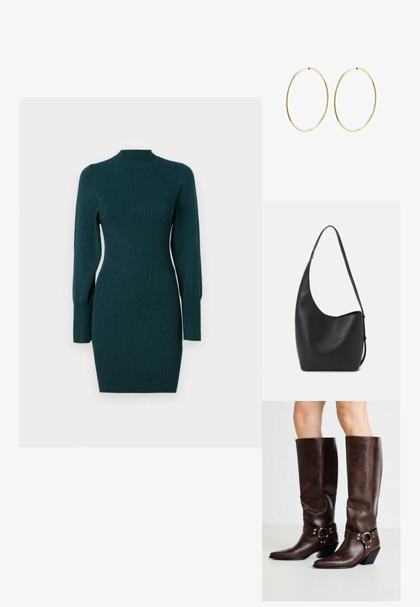 Mezgta suknelė giliu žaliu atspalviu su raukiniais. Suknelė turi aukštą apykaklę, ilgomis rankovėmis ir priguldančią siluetą. Iki vidurinės šlaunies ilgio.; RAID NEVIS - Kaubojiški / motociklininko stiliaus batai - brown; Juodas odinis hobo maišas su lygiu paviršiumi, kreipta forma ir viena reguliuojama rankena; turi platų atidarymą viršuje.; Aukso žiediniai auskarai su lygiu, suapvalintu dizainu. Ploni ir lengvi, su nuolatiniu kilpeliu be jokio papuošimo.