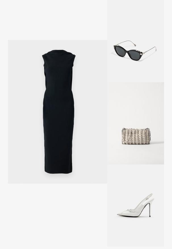 Černé šaty bez rukávů, těsný střih, ke kolenům, vyrobené z hladkého materiálu, s vysokým výstřihem a otevřenými bočními stranami. Minimalistický styl a forma.; Bílé lakované kožené lodičky typu slingback s špičatou špičkou, štíhlým vysokým podpatkem a dekorativními přezkami na nártu.; Černé kočičí brýle s šedými skly, mají kovový rám a zdobné kamínky podél horního okraje. Minimalistický design s hladkými liniemi.; Rabanne BAG - Kabelka - cream/silver