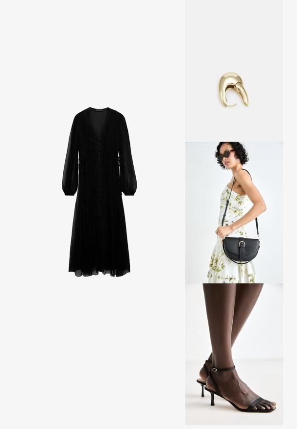 Musta maksimekko, joka on valmistettu läpinäkyvästä kankaasta, pitkähihaisilla, syvällä V-kaula-aukolla, nappisulkimella ja kokoontumisella vyötäröllä.; Musta hihnallinen korkokenkä, jossa on ohut nilkkahihna, kärjellään terävä muotoilu, teksturoitu pohja ja 5 cm korkea stiletto-korko.; Musta nahkainen käsilaukku, joka on kaareva muotoilultaan, irrotettavalla hihnalla ja kultaisilla yksityiskohdilla. Laukussa on läppä, jossa on solk yksityiskohta.; Kultahipuinen korvakoru, jossa on sulavalinjainen, kaareva muotoilu. Ominaisuuksiin kuuluu erottuva terävä muoto, kiillotettu pinta ja sarana kiinnitys.