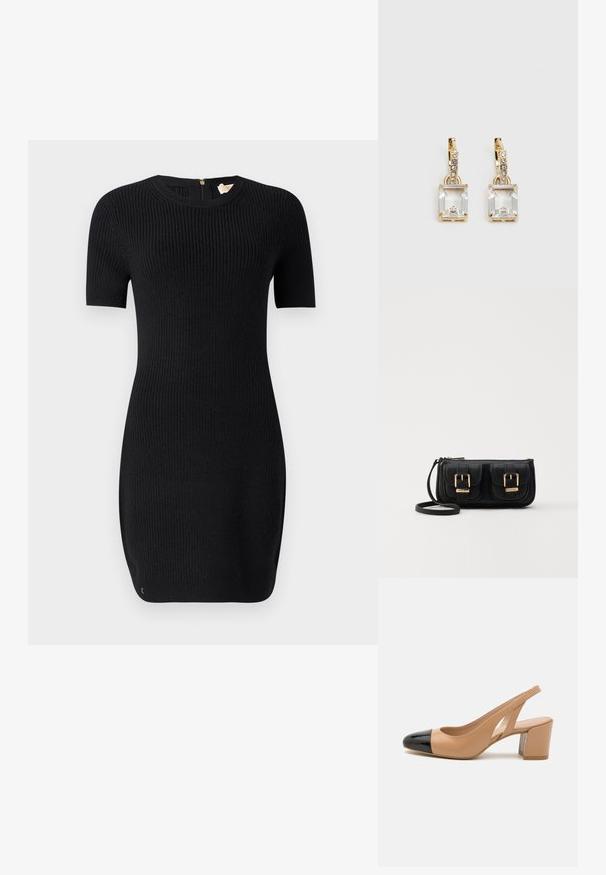 Vestido negro de punto con textura acanalada, mangas cortas y escote redondo. Cuenta con una cremallera en la parte posterior y una forma ajustada.; Zapato de tacón tipo slingback de cuero beige con puntera de charol negra, tacón cuadrado, lados recortados y suela texturizada.; Bolso cruzado de cuero negro con dos bolsillos frontales, hebillas doradas, cierre de cremallera y una correa delgada. Superficie texturizada y forma rectangular compacta.; Pendientes en tono dorado con un cristal rectangular y transparente que cuelga por debajo de una fila de pequeños acentos redondos y claros. Diseño elegante y moderno.