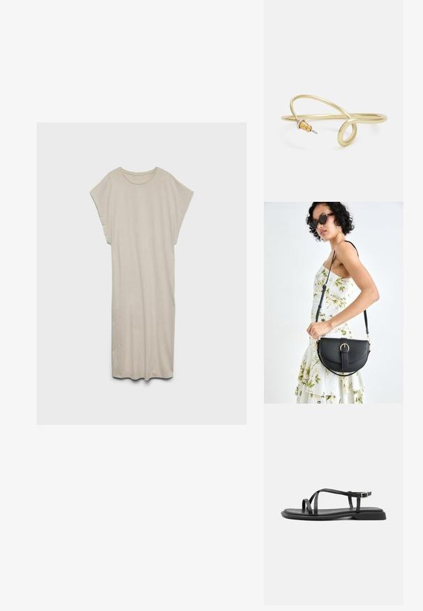 Krótka beżowa sukienka o luźnym kroju, okrągłym dekolcie i krótkich rękawach. Wykonana z miękkiej tkaniny o gładkiej strukturze i minimalistycznym wzornictwie.; Czarne płaskie sandały z cienkimi regulowanymi paskami, prostokątnym paskiem na palce i matowym wykończeniem o fakturze. Posiadają niską, lekko kwadratową podeszwę.; Czarna skórzana torebka o zakrzywionym kształcie, z odpinanym paskiem i złotymi akcentami. Torebka posiada klapę z zapięciem w kształcie klamry.; Złota metalowa bransoletka o płynnej, zakrzywionej formie. Ma mały, wyraźny, srebrny akcent na jednym końcu.