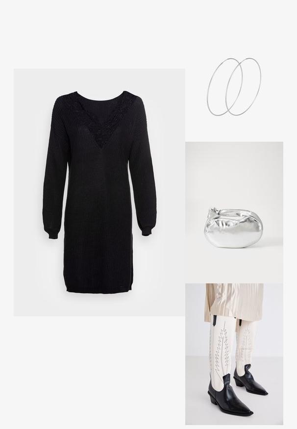 Sort striktrøje kjole med lange ærmer, V-hals og blonderdetaljer ved udskæringen. Ribbet tekstur med sideslids ved kanten.; Sorte cowboystøvler med en struktureret finish, spidse tæer og lave blokhæle, parret med hvide stramme bukser med zigzag sort syning.; Sølvmetallic pose med en blød, rund form og en knyttet lukning foroven. Fremstillet af glat faux lædermateriale.; Sølvøreringe med et minimalistisk design. Cirkulær form, glat tekstur og tynd profil. Letvægtige med en poleret overflade.
