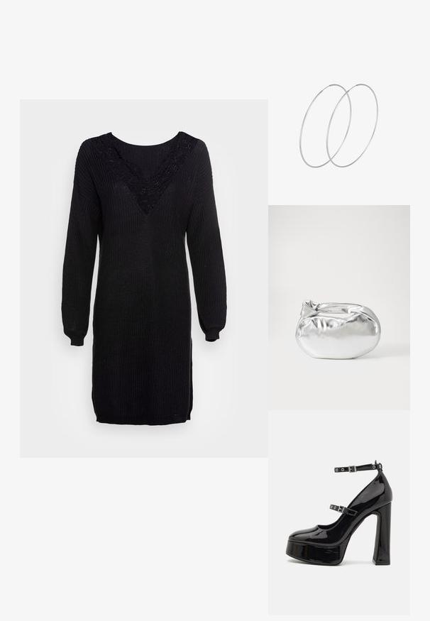 Abito maglione nero lavorato a maglia con maniche lunghe, scollatura a V e dettagli in pizzo sul collo. Tessuto a coste con spacchi laterali sull'orlo.; Even&Odd Scarpe con plateau - black; Borsa a pochette metallica argentea con una forma morbida e arrotondata e chiusura superiore annodata. Realizzata in materiale sintetico morbido.; Orecchini a cerchio in argento con un design minimalista. Forma circolare, superficie liscia e profilo sottile. Leggeri con una finitura lucida.