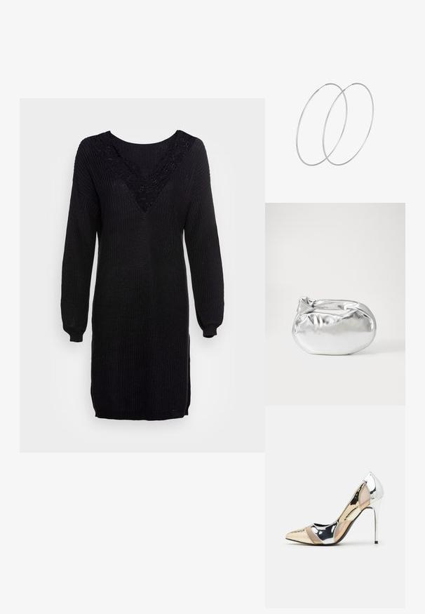 Črna pletena obleka s dolgimi rokavi, V-izrezom in čipkastim okrasjem na izrezu. S pasom strukturo in bočnimi razporki na robu.; Čevlji z visoko peto in konico, v barvni kombinaciji srebrne, zlate in nude. Sijajna obdelava z izrezljanim dizajnom, z igličasto peto.; Srebrna kovinska torbica z mehko, zaobljeno obliko in zavezano zgornjo zaporo. Narejena iz gladkega umetnega usnja.; Srebrne uhane v obliki obroča z minimalističnim dizajnom. Krožna oblika, gladka tekstura in tanek profil. Lahki s poliranim zaključkom.