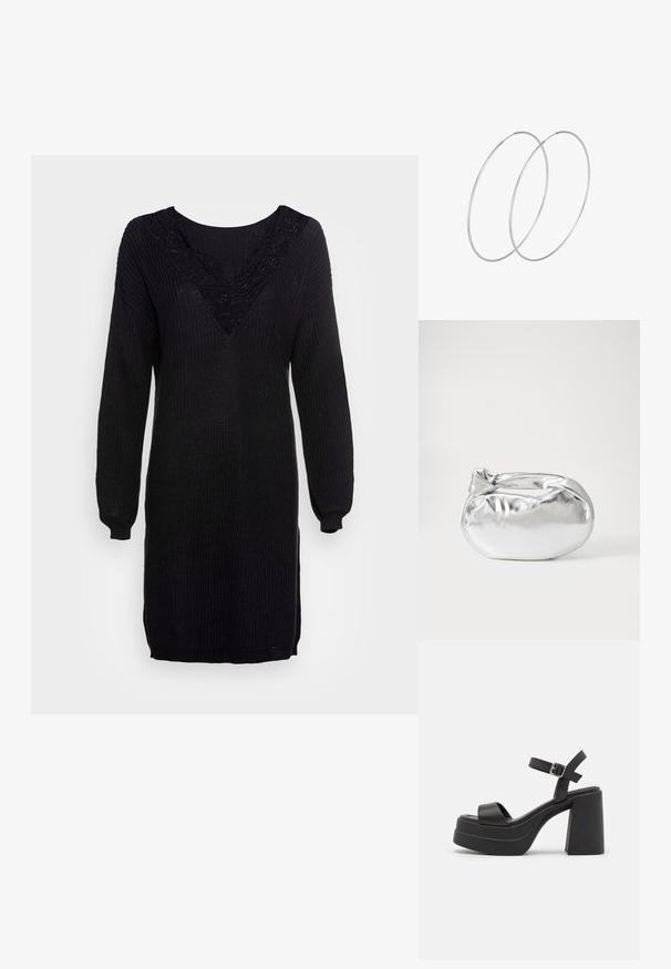 Mustardane kootud kleit, millel on pikad varrukad, V-kaelus ja pitsdetailid kaeluse ümber. Ribakujuline tekstuur ja külgedel lõhed hemmi juures.; Must musta kõrge kontsaga platvormsandaal, millel on lai riba üle jala ja pahkluu riba metalli pandlaga. Lame kõrgendik, millel on sile pind.; Hõbedane metallikoti kott pehme, ümar kuju ja sõlme ülemise sulgemisega. Valmistatud siledast kunstnahast materjalist.; Hõbedased rõngastikkaehingad minimalistlikus disainis. Ümar kuju, sile tekstuur ja õhuke profiil. Kerged ning poleeritud viimistlusega.