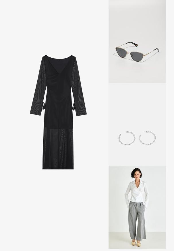 Schwarzes Kleid mit V-Ausschnitt, transparenten langen Ärmeln, gerafften Akzenten an der Taille und einem fließenden Netzunterteil. Glatte Textur im gesamten Kleid.; Weiße Wickelbluse mit Kragen, kombiniert mit grauen, gestreiften weit geschnittenen Hosen und hellbraunen Plateauschuhen. Glattes Material und lockerer Schnitt.; Sonnenbrille mit goldmetallic Rahmen, dunklen Gläsern, Katzenaugenform und schwarzen Bügeln, die auf einer Seite mit einem Regenbogenakzent versehen sind.; Silberne Creolen mit gedrehter Gestaltung, ausgestattet mit einer polierten Oberfläche und einer Steckverschluss. Sie haben einen Durchmesser von ca. 3 cm.