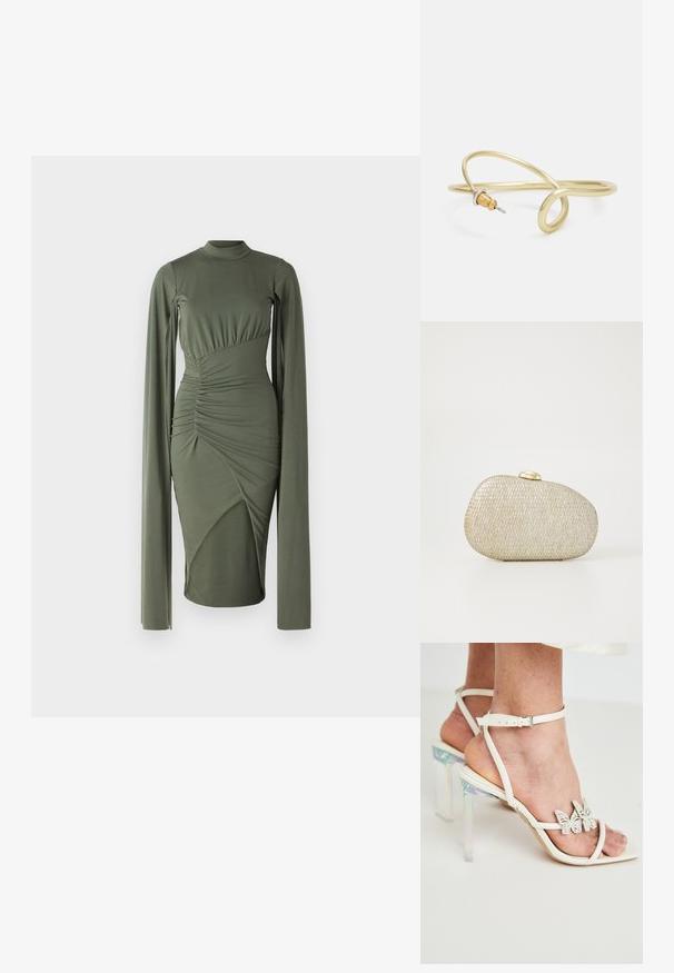 Pikad varrukad oliivroheline kleit kõrge kaelusega, kokku tõmmatud külgse Hulkide ja asümmeetriliste paneelidega, mis loovad liibuva silueti. Sile kangastekstuuri.; Valged rihmaga kontsakingad, millel on selged, iridescentsed plokknõud ja dekoratiivsed liblika aktsendid rihmadel. Sile nahktekstuuri.; Metallik kullast ja hõbedast tekstuuriga kätk, millel on ümar kuju ja sile kullast klapp. Omab kogu pinnal kootud mustrit.; Kuldne metallist käevõru, millel on voolav ja kõver disain. Ühel otsal on väike, silmapaistev hõbedane aktsent.