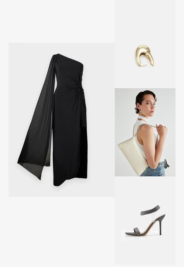 Üks õlg must kleit sõlmedeta. Paistab voolava, õhukese varrukaga. Valmistatud siledast ja kerge kangast, sirge disainiga.; Must must höga klacksandaler must läbipaistva rihma, tekstureeritud pealmise osa ja saleda stiletto kontsaga. Omab laia esiriba ja sädelevat aksessuaari.; Valge ristkülikuline kotti, mis on valmistatud läikivast materjalist, hõbedase ahelsangaga. Mudel poseerib, tutvustades kotti ühtlase taustaga.; Kuldtooni metallist kõrvarõngas, millel on elegantne ja kaarjas disain. Omab silmapaistvat teravat kuju, poleeritud pinda ja hingesulgemist.