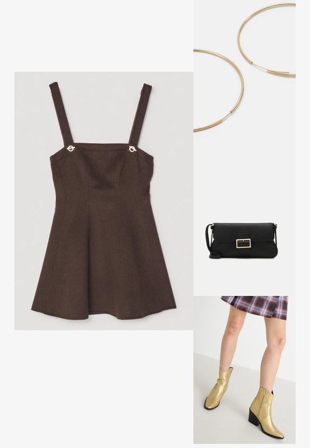 Hnědé bezramínkové šaty s nastavitelnými páskami, vybavené zlatými akcenty a rozšířeným A-liniovým designem. Textura z vlněné směsi.; Zlaté metalické kotníkové boty s špičatými špičkami, zipovým zapínáním a blokovým podpatkem. Hladký povrch s prošitými detaily a klasickým tvarem.; Černá kožená psaníčko s klopou a zlatým kovovým detailním sponou. Součástí je černý popruh a elegantní, minimalistický design.; Zlaté kruhové náušnice, tenké a kulaté, s hladkým kovovým povrchem a bez zdobení či vzorů.