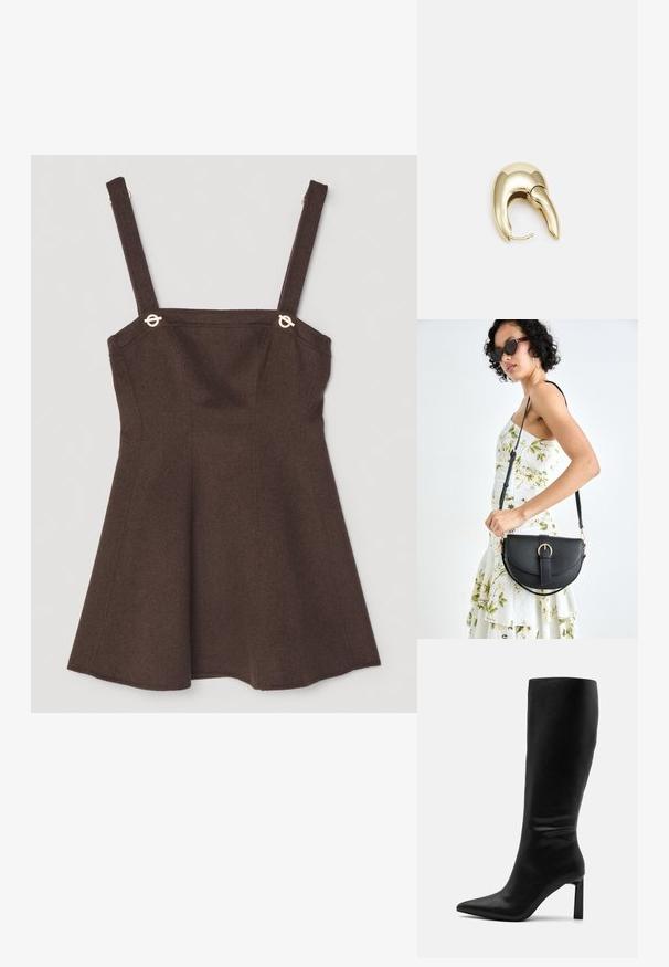 Bruine mouwloze jurk met verstelbare bandjes, voorzien van goudkleurige hardwareaccenten en een uitlopende A-lijn ontwerp. Wolmix textuur.; Even&Odd Laarzen - black; Zwarte leren handtas met een gebogen vorm, afneembare schouderband en gouden hardware. De tas heeft een klep met een gespsluiting.; Gouden metalen oorbel met een slank, gebogen ontwerp. Beschikt over een kenmerkende puntige vorm, gepolijste oppervlakte en scharnier sluiting.