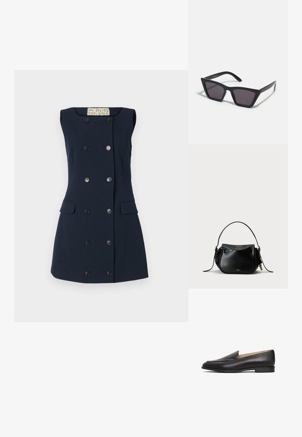 Navy mouwloze jurk met een getailleerde pasvorm, dubbele knoopsluiting, twee frontzakken en een platte kraag voor een gestructureerde silhouet.; Zwarte leren instapper met een lage hak, een gladde textuur, een spitse neus en een minimalistisch ontwerp. Geen zichtbare hardware of versieringen.; Zwarte, hoekige zonnebril met grijze lenzen; gemaakt van plastic, met dikke armen met een gladde oppervlakte en zonder zichtbare hardware.; Zwarte leren handtas met een ronde vorm, een enkele bovenhandgreep en gouden hardware accenten. Heeft een ritssluiting en een subtiele merkdetail.