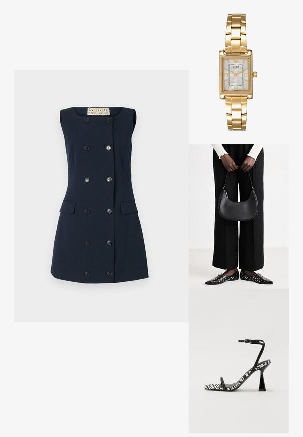 Vestido sem mangas azul-marinho com formato justo, fecho de botão duplo, dois bolsos frontais e colarinho plano para uma silhueta estruturada.; Sandal de salto alto em padrões de zebra preto e branco com ponta aberta, tira fina no tornozelo e salto em bloco geométrico. Textura suave.; Bolsa de ombro de couro preta com forma arredondada, acabamento brilhante e ferragens prateadas. Pessoa vestindo calças largas pretas e mocassins com tachas.; Relógio de pulso retangular em tom de ouro com um mostrador branco, marcadores de horas em tom de prata e uma pulseira de metal resistente. Inclui função de resistência à água.