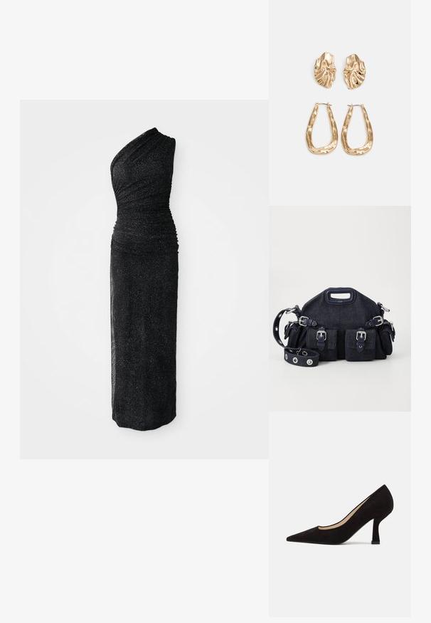 Robe noire à une épaule avec des détails froncés, longueur sol, fabriquée en tissu texturé avec un léger éclat, silhouette ajustée.; Escarpins noirs en daim à bout pointu avec un petit talon texturé et un design en découpes sur les côtés, présentant une semelle intérieure beige lisse et une silhouette épurée.; Sac en denim bleu foncé avec une forme arrondie, plusieurs poches extérieures, une bandoulière réglable et des détails en métal argenté. Poignée supérieure incluse.; Boucles d'oreilles dorées présentant des formes texturées et ondulées. Comprend des clips sculpturaux et un design de créoles ouvertes avec une finition martelée.