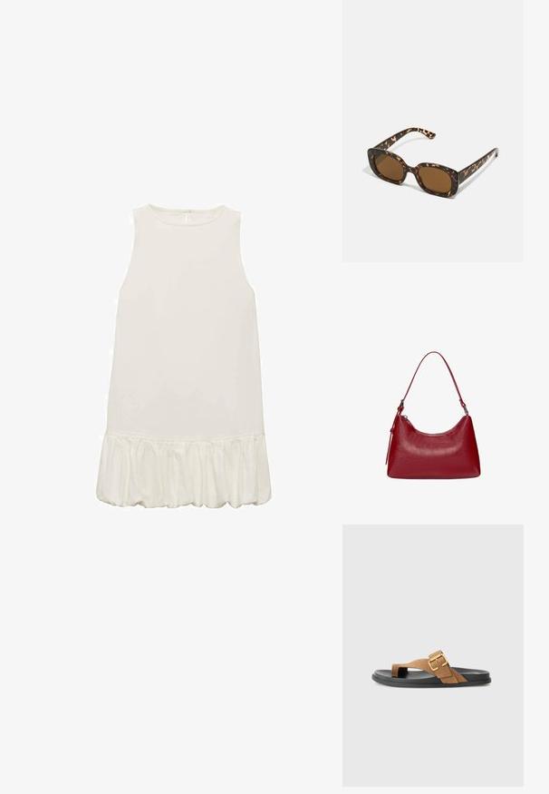 Vit ärmlös klänning med en volangkant. Slätt, lätt tyg; enkel design med rund halsringning och inga synliga knäppningar.; Bruna mockaskor med en guldspänne, med en platt svart gummisula och en design i sandalstil. Slät textur, minimalistisk stil.; Sköldpaddsmönstrade solglasögon med en rund, kraftig ram och bruna linser. Har subtila mönster och raka, avsmalnande skalmar.; Röd läderaxelväska med en rundad design, slät yta och dragkedjestängning. Den har ett tunt handtag för bärande.