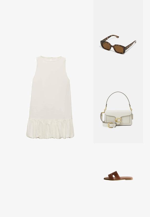 Witte mouwenloze jurk met een gerimpelde zoom. Glad, lichtgewicht materiaal; eenvoudig ontwerp met een ronde hals en geen zichtbare sluitingen.; Bruine leren slide-sandaal met twee brede banden, witte stikselaccenten, platte rubberen zool en een strak, gestroomlijnd ontwerp.; Tortoiseshell zonnebril met een ronde, stevige montuur en bruine lenzen. Heeft subtiele patronen en rechte, taps toelopende veren.; Witte leren handtas met een gouden sluiting, zwarte accenten, een afneembare schouderriem en een gestructureerd ontwerp met een klepafsluiting.